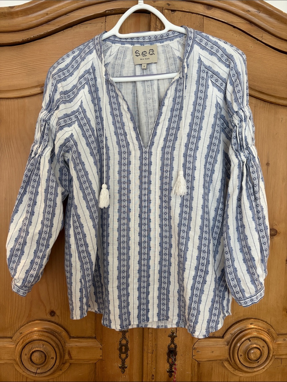 Sea New York White and Blue Striped Tassel Peasant Blouse